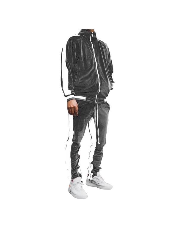 Jogging Suits for Men Color Blocked Velvet Long Sleeve Full Zip Stand Up Collar Warm Suit Straight Leg Pockets Drawstring Windproof Warmth Pants Casual Loose Fit Outdoor Fitness Sports Set