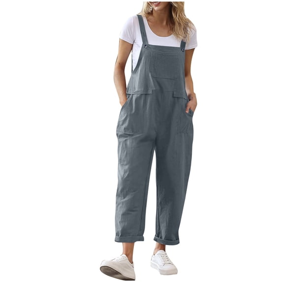 Alkepwun Jumpsuits for Women Cotton Linen Adjustable Casual Baggy Wide Leg Sleeveless Overalls Rompers Solid Color Multi Pocket Comfort Breathable Bib Pant