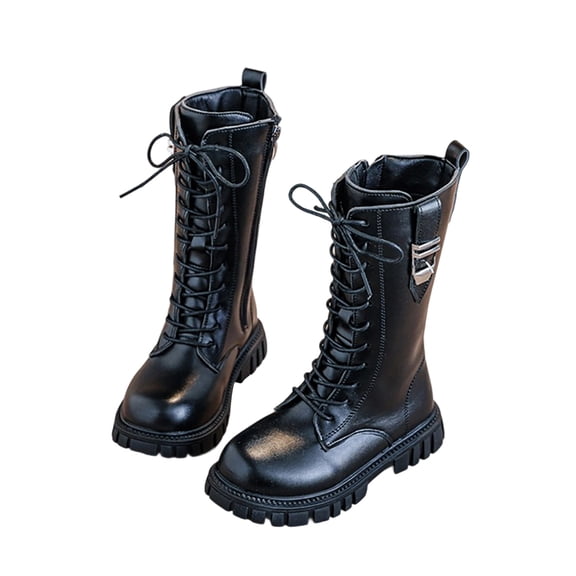 Alkepwun Kids Boots Long Lace Up Cool Style Anti Slip Sole Leather Boots Comfortable Warm Outdoor Waterproof Hiking Shoe Textured Thick Sole Solid-Color Round Toe Snow Shoes