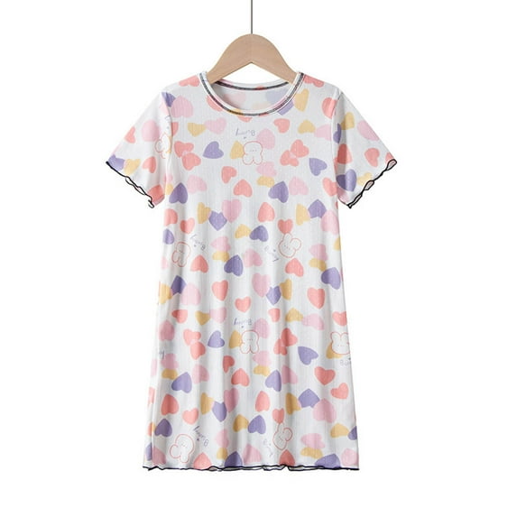 Alkepwun Kids Toddler Girls Summer Dresses Cute Bunny Love Heart Print Short Sleeve Casual T-Shirt Dress Soft Lounge Pajama Dress