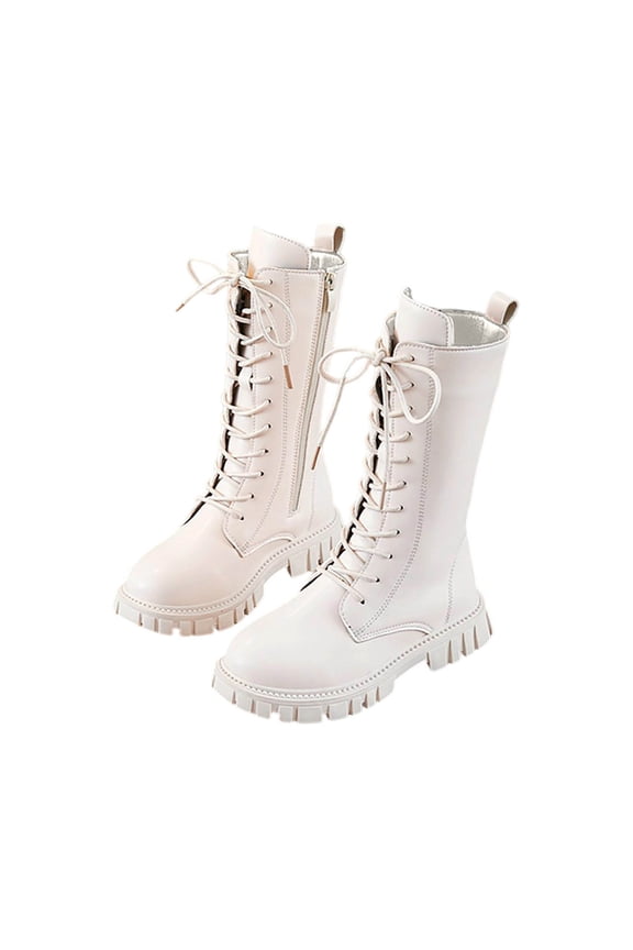Knee High Boots Minimalist Solid Color Lace Up Side Zipper College Style Leather Shoes Thick Sole Slip Resistant Outdoor Riding Shoe Fleece Lined Thickened Warm Windproof Waterproof Boots