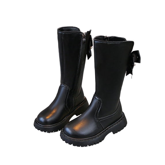 Alkepwun Knee High Leather Boots Solid Color Bow Detail Princess-Style Lace Free Side Zipper Thick Sole PU Boots Comfortable Versatile Textured Anti-Slip Outsole Hiking Cycling Martin Boots