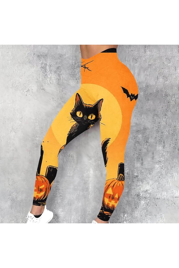 Leggings for Women Halloween Halloween Pumpkin Ghost Cat Printed Pants Holiday Orange and Black Leggings Ankle Length Tights
