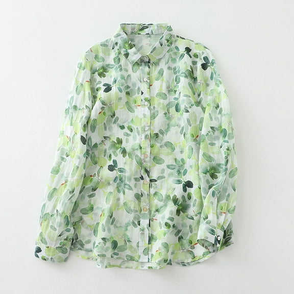 Alkepwun Linen Button Down Shirt Women Casual Bohemian Blouses Floral Print Long Sleeve Shirt V Neck Tunic Top