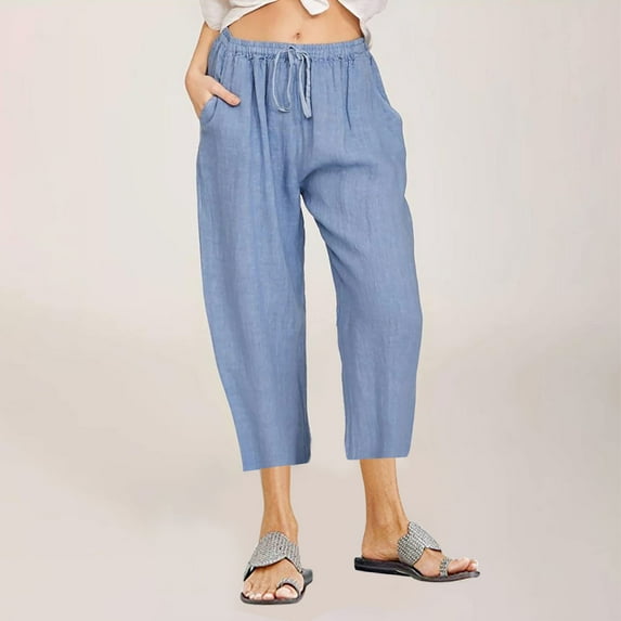 Alkepwun Linen Pants Women ,Women's Cropped Harem Pants Elastic Waist Casual Loose Fit Cotton Linen Capris with Pockets on Clearance