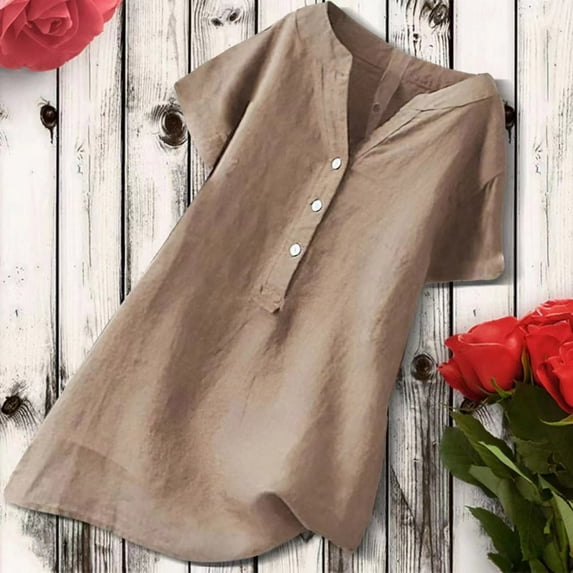 Alkepwun Linen Shirts For Women Summer Plus Size Tops Button V Neck Blouse Solid Color Cotton Short Sleeve T Shirt Summer Casual Tunics Tops