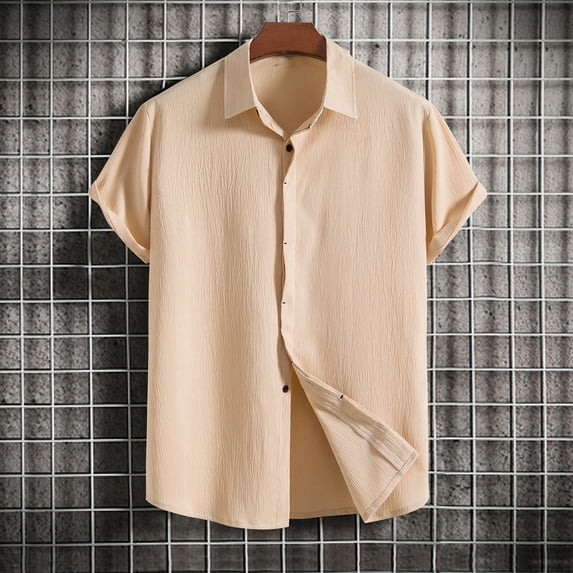 Alkepwun Linen Shirts for Men Casual Solid Color Short Sleeve Button Down Shirt Summer Beach Cotton Hawaiian Shirt on Clearance