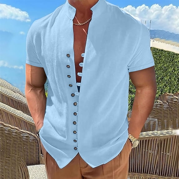 Alkepwun Linen Shirts for Men Short Sleeve Linen Shirts Casual Stylish Button Down Shirts Summer Beach Shirt for Men on Clearance