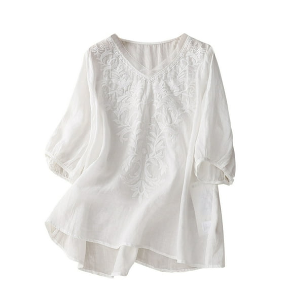 Alkepwun Linen Shirts for Women Summer Retro Embroidery 3/19 Sleeve Cute Tops Bohemian Plus Size V Neck Shirts Casual Loose Fit Comfy Blouses
