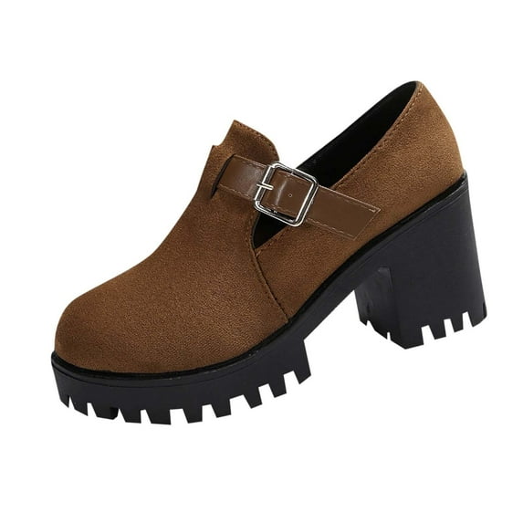 Alkepwun Loafers for Women Thick-Soled High-Heel Textured Anti-Slip Suede Shoes Metal Buckle Chunky Heels Vintage Classic Business Work Dress Shoe Cozy Low Cut Shoe