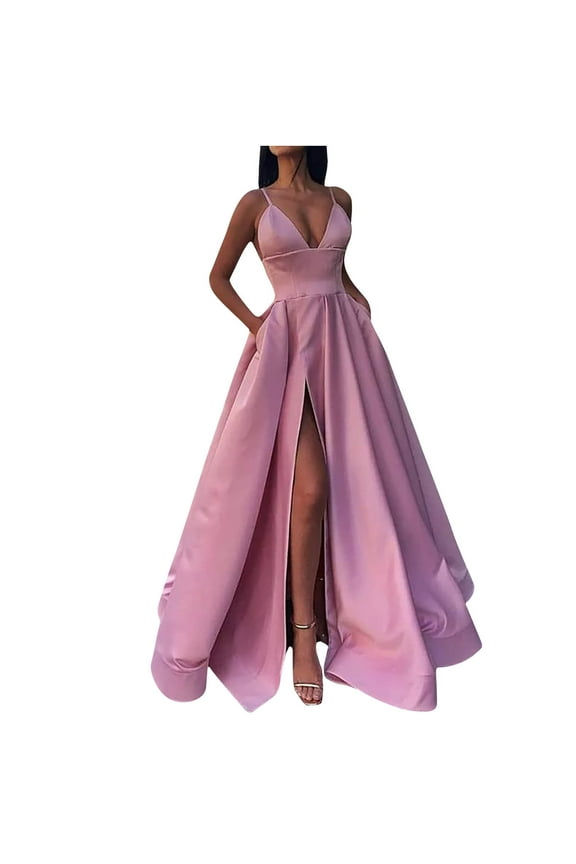 Long Dresses for Women Pearlescent Satin Adjustable Spaghetti Straps Prom Dresses Long Sexy Illusion High Slit Corset Evening Party Gowns Deep V-neck Backless Dinner Dress