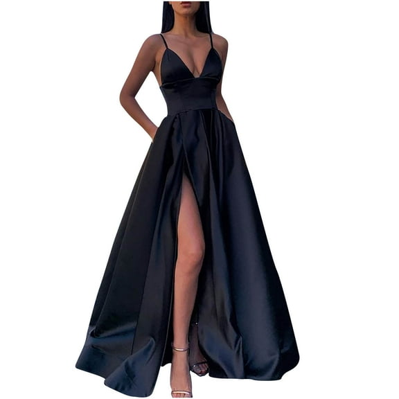 Alkepwun Long Dresses for Women Pearlescent Satin Adjustable Spaghetti Straps Prom Dresses Long Sexy Illusion High Slit Corset Evening Party Gowns Deep V-neck Backless Dinner Dress