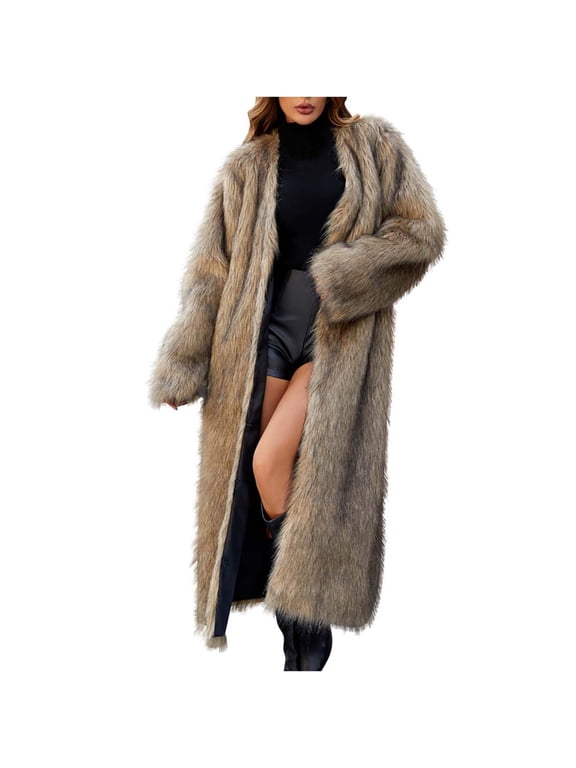 Long Faux Fur Coat Long Sleeve Solid Color V-Neck Thermal Coat for Women Fluffy Fleece Windproof Thickened Comfortable Plus Size Oversized Street Style Cardigan Winter Length Mink Coat