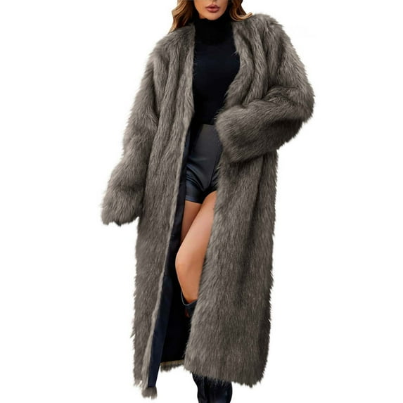 Alkepwun Long Faux Fur Coat Long Sleeve Solid Color V-Neck Thermal Coat for Women Fluffy Fleece Windproof Thickened Comfortable Plus Size Oversized Street Style Cardigan Winter Length Mink Coat