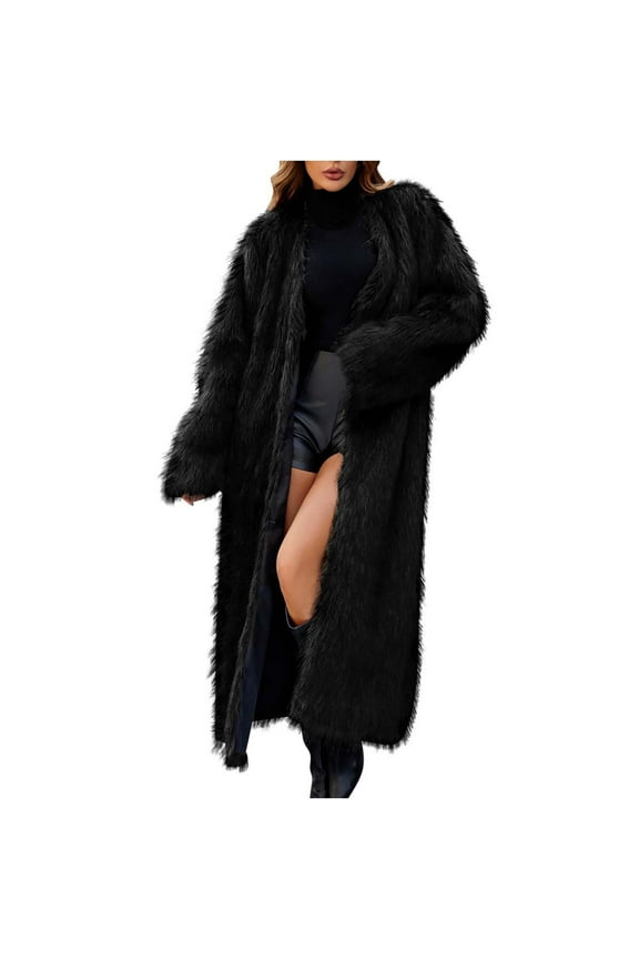 Long Faux Fur Coat Long Sleeve Solid Color V-Neck Thermal Coat for Women Fluffy Fleece Windproof Thickened Comfortable Plus Size Oversized Street Style Cardigan Winter Length Mink Coat