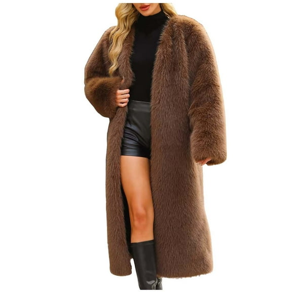 Alkepwun Long Faux Fur Coat Long Sleeve Solid Color V-Neck Thermal Coat for Women Fluffy Fleece Windproof Thickened Comfortable Plus Size Oversized Street Style Cardigan Winter Length Mink Coat
