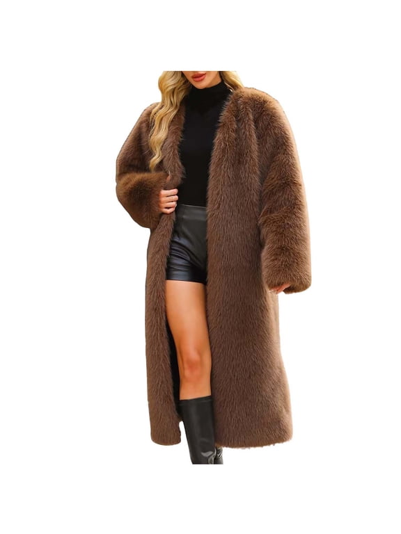 Long Faux Fur Coat Long Sleeve Solid Color V-Neck Thermal Coat for Women Fluffy Fleece Windproof Thickened Comfortable Plus Size Oversized Street Style Cardigan Winter Length Mink Coat