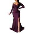 thumbnail image 1 of Alkepwun Long Sleeve Maxi Dress for Women Off Shoulder High Split Formal Party Gowns Sexy V Neck Satin Fishtail Hem Evening Dress, 1 of 6