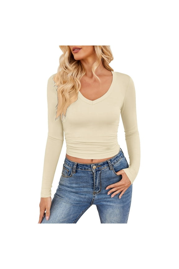 Long Sleeve Shirt Women V Neck Basics Stretchy Slim Fit Shirts Undershirts for Women Lightweight Base Layer Thermal Undershirts