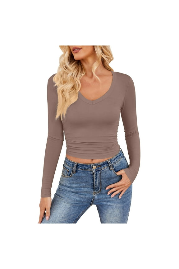 Long Sleeve Shirt Women V Neck Basics Stretchy Slim Fit Shirts Undershirts for Women Lightweight Base Layer Thermal Undershirts