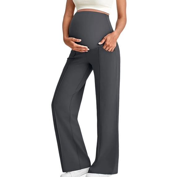 Alkepwun Maternity Pants Over The Belly Stretchy Soft Wide Leg Yoga Pant with Pockets Casual Comfort Loose High-Waisted Work Lounge Trousers