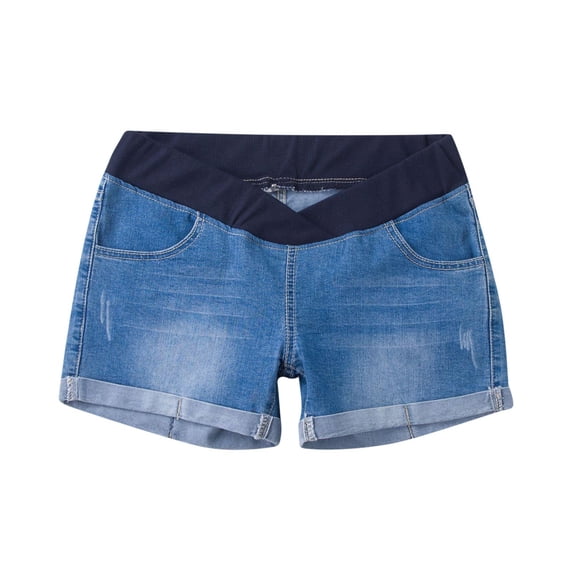 Alkepwun Maternity Shorts V Cross Low Rise Underbelly Elastic Soft Jean Short Casual Cuffed Hem Loose Pregnancy Cutoffs with Pockets