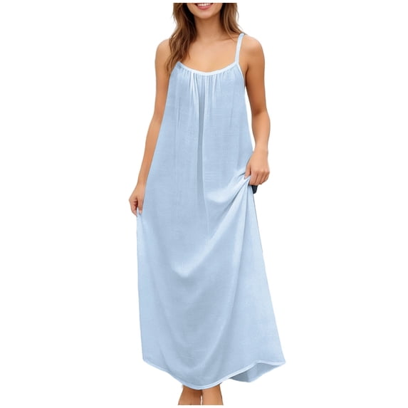 Alkepwun Maxi Dress Women's Cotton Casual Solid Spaghetti-Strap Sleeveless Beach Vacation Boho Dresses Lightweight Breathable Lace-Trim Backless Round-Neck Loose Flowing Sundress