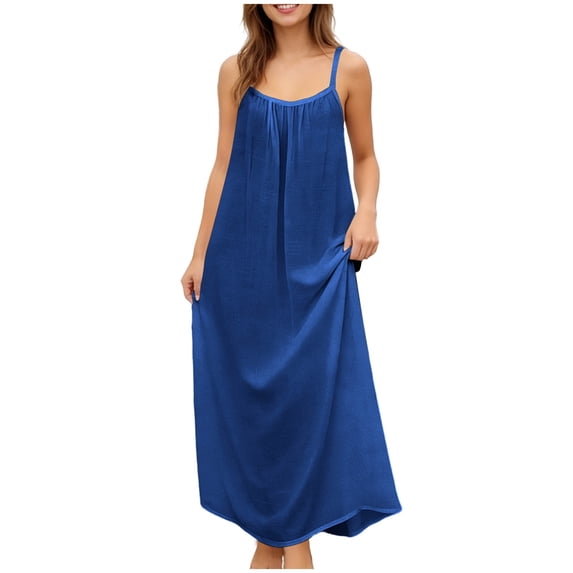 Alkepwun Maxi Dress Women's Cotton Casual Solid Spaghetti-Strap Sleeveless Beach Vacation Boho Dresses Lightweight Breathable Lace-Trim Backless Round-Neck Loose Flowing Sundress