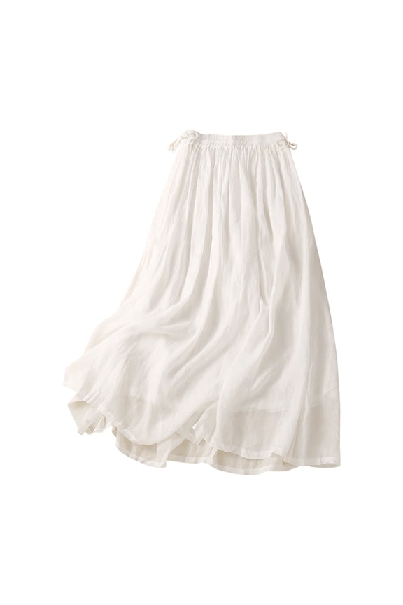 Maxi Skirts for Women Flax Solid Elastic Waist Retro Bohemian A-line Long Flowy Skirts Lightweight Breathable Plus Size Beach Double Layer Skirt