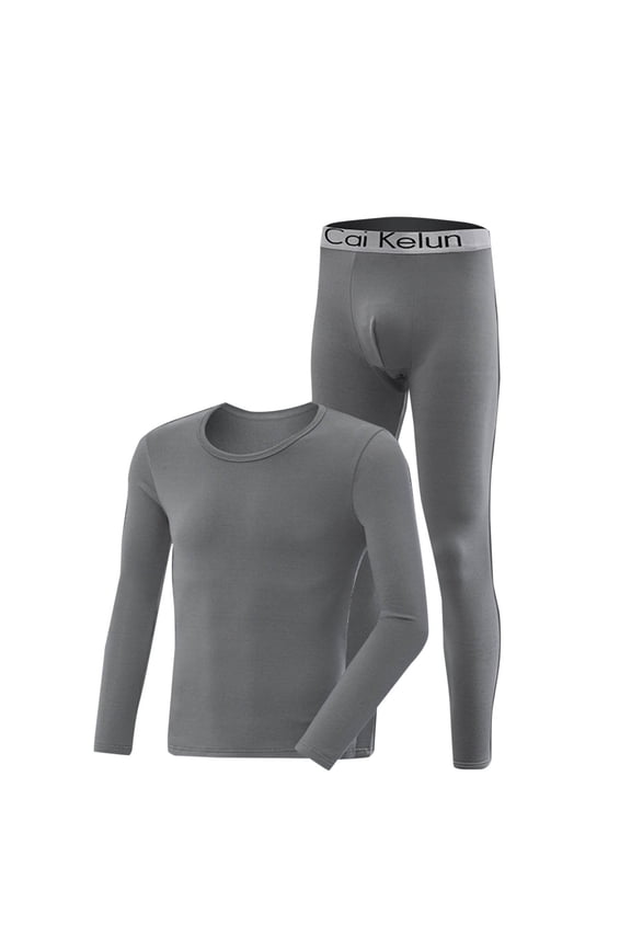 Men Thermal Set Solid Color Comfortable Thermal Windproof Cold-Resistant Base Layer Set Includes Fleece-Lined Crew Neck Long Sleeve Top and Pants Thick Invisible Close Fitting Loungewear