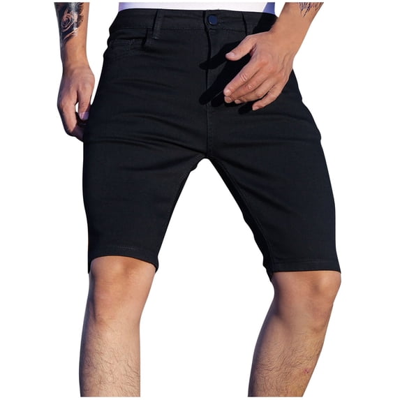 Alkepwun Men's Jean Shorts Solid-Color Casual Retro Stretch Denim Shorts with Pockets Summer Lightweight Breathable Minimalist Street-Style Jeans Shorts
