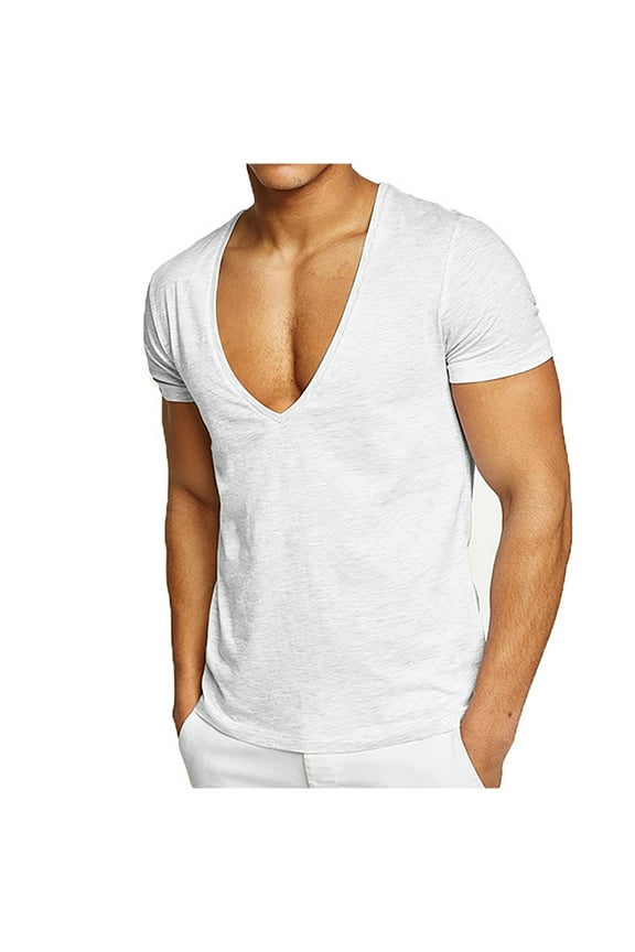 Men's T-Shirts Solid Color Deep V Neck Ribbed Knit Slim Fit Stretch Short Sleeve Muscle Tee Summer Casual Lightweight Gym Workout Tops
