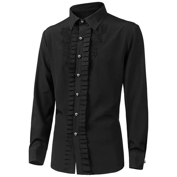Alkepwun Men's Vintage Embroidery Pleated Shirts Long Sleeved Button Down Shirt Medieval Steampunk Gothic Cosplay ShirtsHalloween Costumes