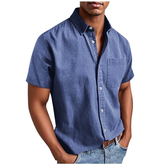 Alkepwun Mens Button Down Short Sleeve Shirt Solid Color Casual Loose-Fit Collared Shirt with Pockets Lightweight Comfortable Breathable Top