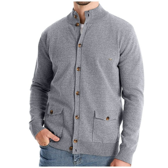 Alkepwun Mens Cardigan Sweater Button Down Stand Collar Round Neck Pullover Long Sleeved Loose Base Shirt Top Sweater