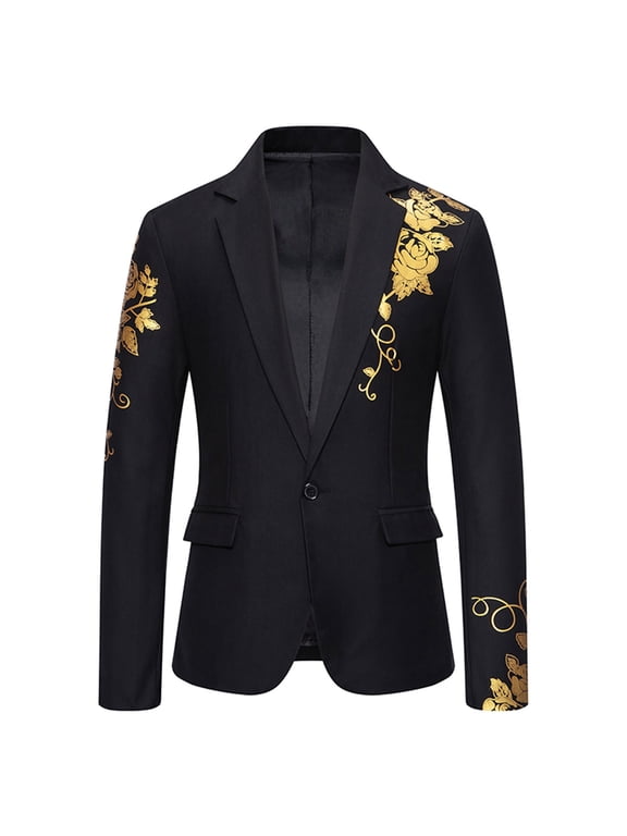 Mens Casual Blazer Lapel Floral Gold-Embossed Wedding Slim Fit Suit Single Button Fastening Long Sleeve 3D Cut Coat Dinner Party Dance Formal Wear Outdoor Sports Tuxedo