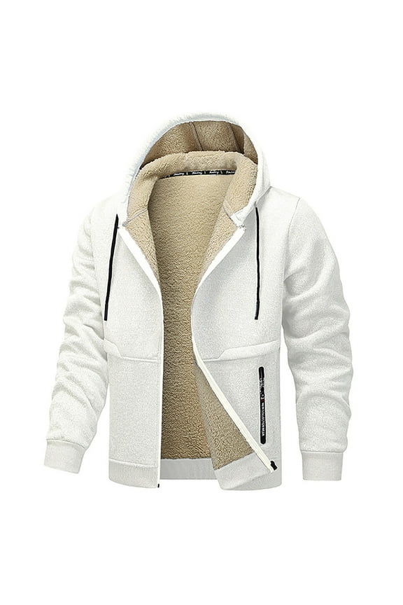Mens Jacket Solid Color Thickened Fleece Lining Full-Zip Ribbed Cuff Windproof Jackets Soft Comfortable Zipper Pocket Hooded Drawstring Casual Warm Coat Outdoor Sports Hiking Cycling Suit
