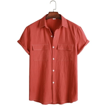 Alkepwun Mens Linen Shirts Short Sleeve Button Down Shirts Casual Summer Beach Tops Cotton Hawaiian Shirts with Flap Pockets on Clearance