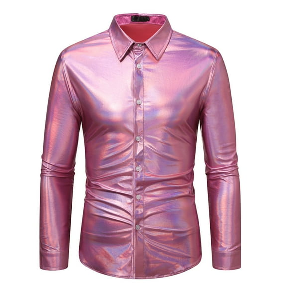 Alkepwun Mens Shiny Dress Shirt Retro 70s Disco Shirts for Men Silky Long Sleeve Button Down Shirts Disco Outfits Dance Club Party Costume