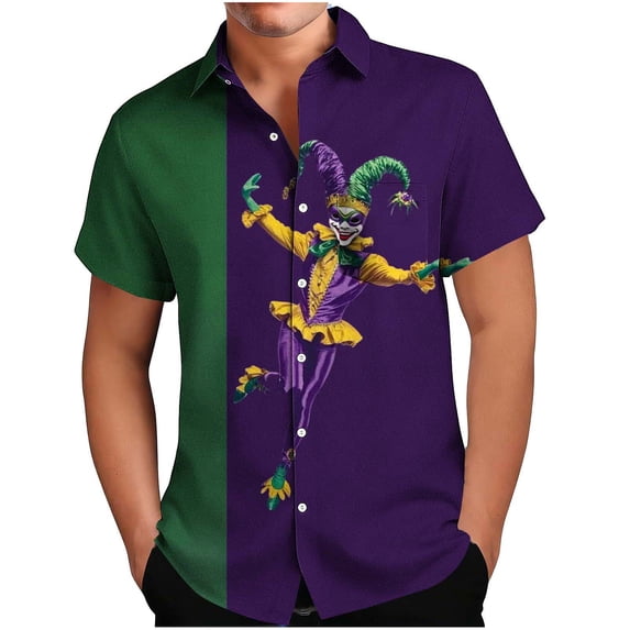 Alkepwun Mens Short Sleeve Button Down Shirts Casual Relaxed Fit Plus Size Carnival Print Collared Top Lightweight Comfort Breathable Beach Party Shirt