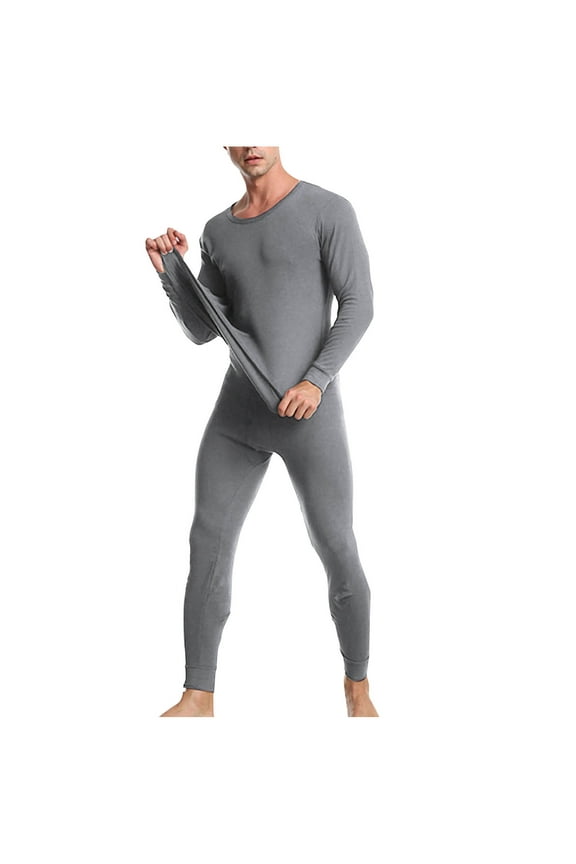 Mens Thermal Set Solid Color Cotton Moisture Wicking Warmer Underwear Set Fleece Lined Crew Neck Top Pants Comfortable Thermal Base Layer Set Thick Windproof Stretch Invisible Homewear
