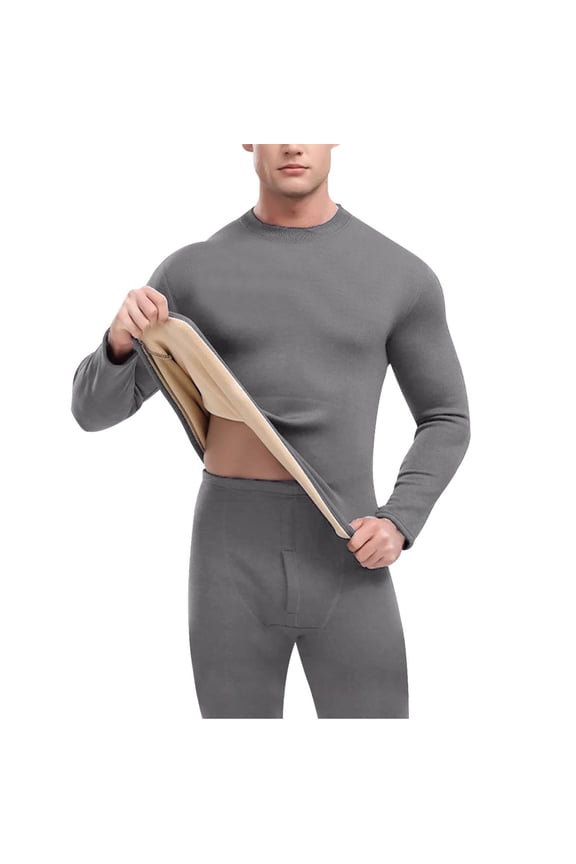 Mens Thermal Underwear Solid Color Fleece Lined Mid Neck Long Sleeve Warmth Underwear Set Thicken Warmth Comfortable Skin-Friendly Windproof Cold-Resistant Outdoor Hiking Base Layer