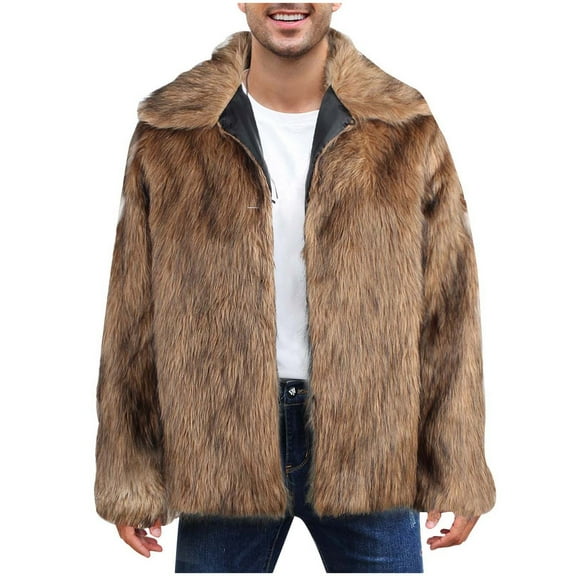 Alkepwun Mens Warm Faux Furry Long Coat Jacket Winter Solid V-neck Outerwear