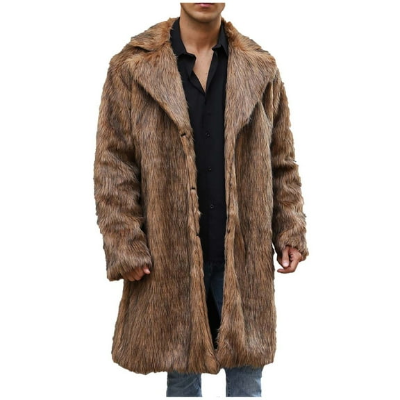 Alkepwun Mens Warm Faux Furry Long Coat Jacket Winter Solid V-neck Outerwear