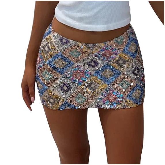 Alkepwun Mini Skirts for Women Y2K Geometric Sparkle Sequin Contrast High Waist Bodycon Skirt Soft Comfortable Sexy Shining Clubwear for Evening Outing