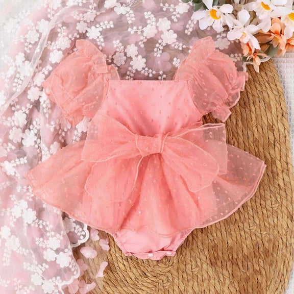 Alkepwun Newborn Baby Girls Summer Outfit Cute Bow Ruffle Bubble Romper Dress One Piece Bodysuit Jumpsuit Infant Summer Clothes 0-18M