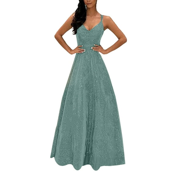 Alkepwun Night Gowns Women Sexy V Neck Spaghetti Straps Sequin Dresses A-Line Hem Maxi Ball Gowns Wedding Guest Dress