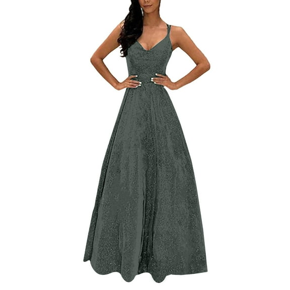 Alkepwun Night Gowns Women Sexy V Neck Spaghetti Straps Sequin Dresses A-Line Hem Maxi Ball Gowns Wedding Guest Dress