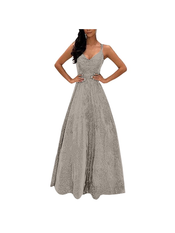 Night Gowns Women Sexy V Neck Spaghetti Straps Sequin Dresses A-Line Hem Maxi Ball Gowns Wedding Guest Dress