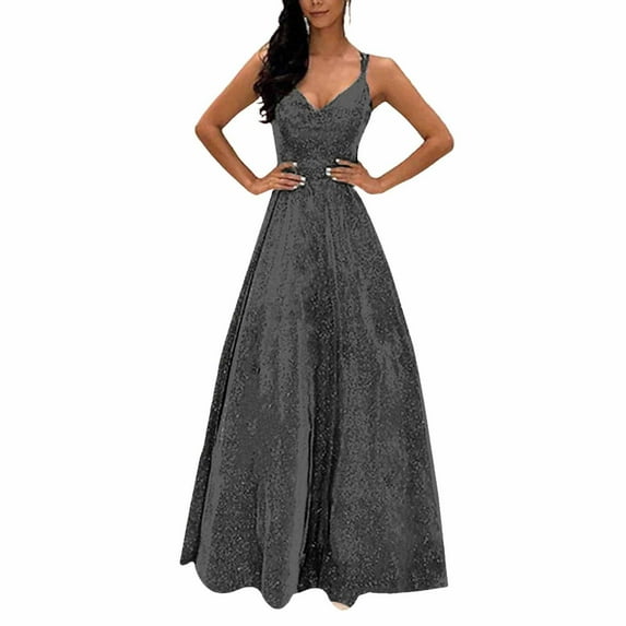 Alkepwun Night Gowns Women Sexy V Neck Spaghetti Straps Sequin Dresses A-Line Hem Maxi Ball Gowns Wedding Guest Dress